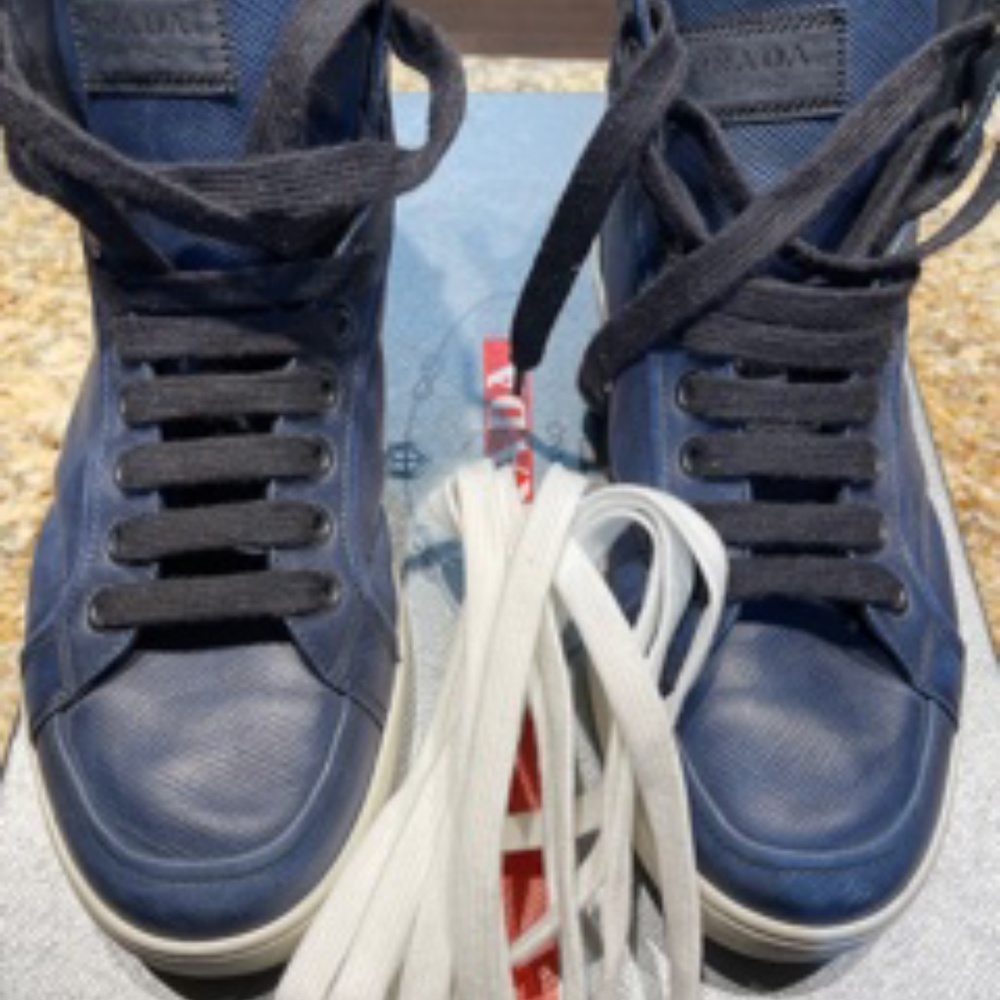 Prada Mens Avenue High Top Sneaker Blue Prada Mens
